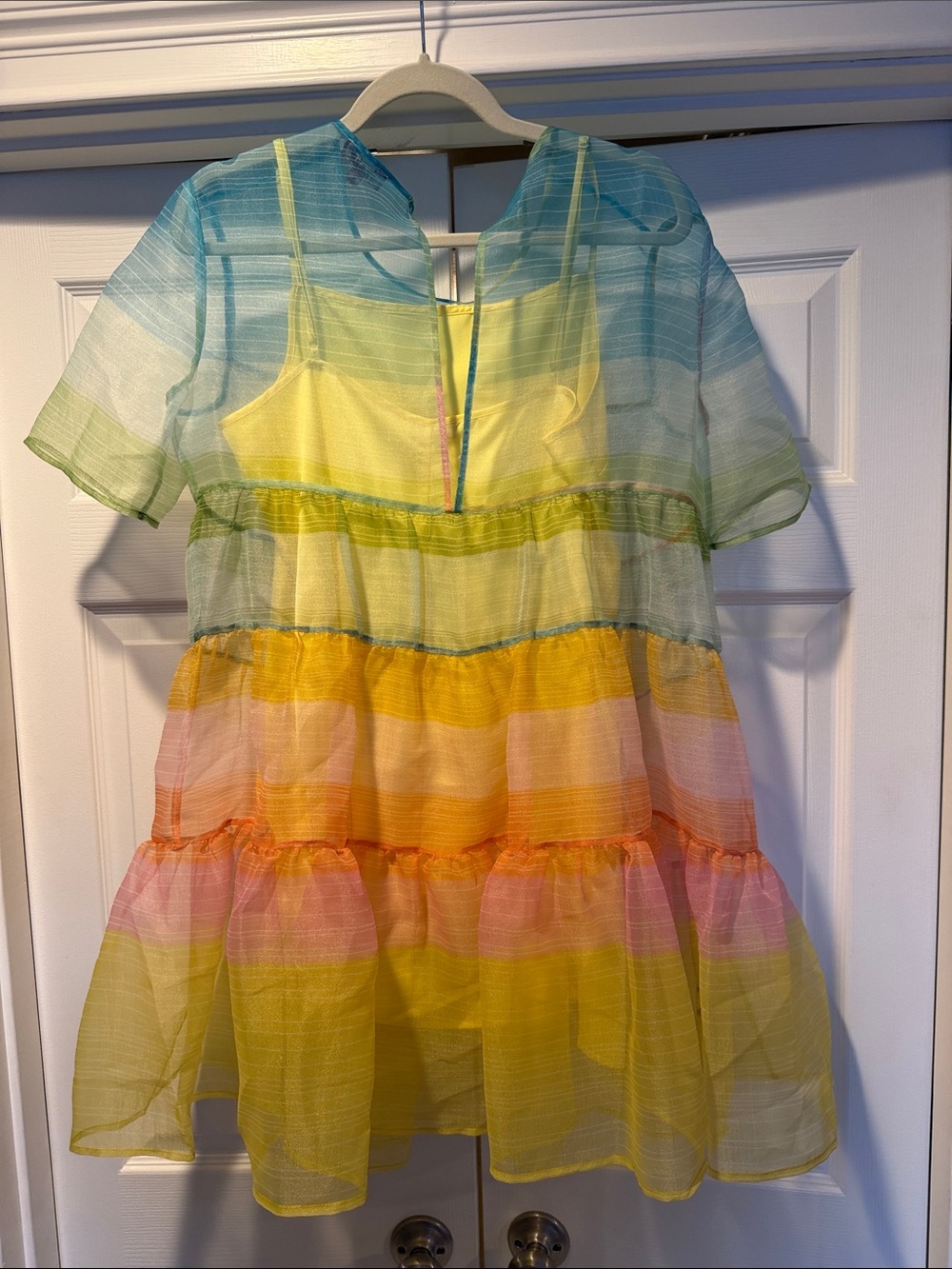 STAUD Rainbow Tiered Mini Dress — Blue Green Yellow Orange Pink - Picture 4 of 6